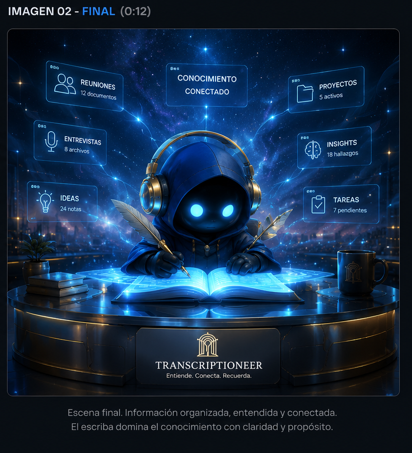 El escriba de Transcriptioneer, un personaje encapuchado con audífonos, rodeado de conocimiento conectado